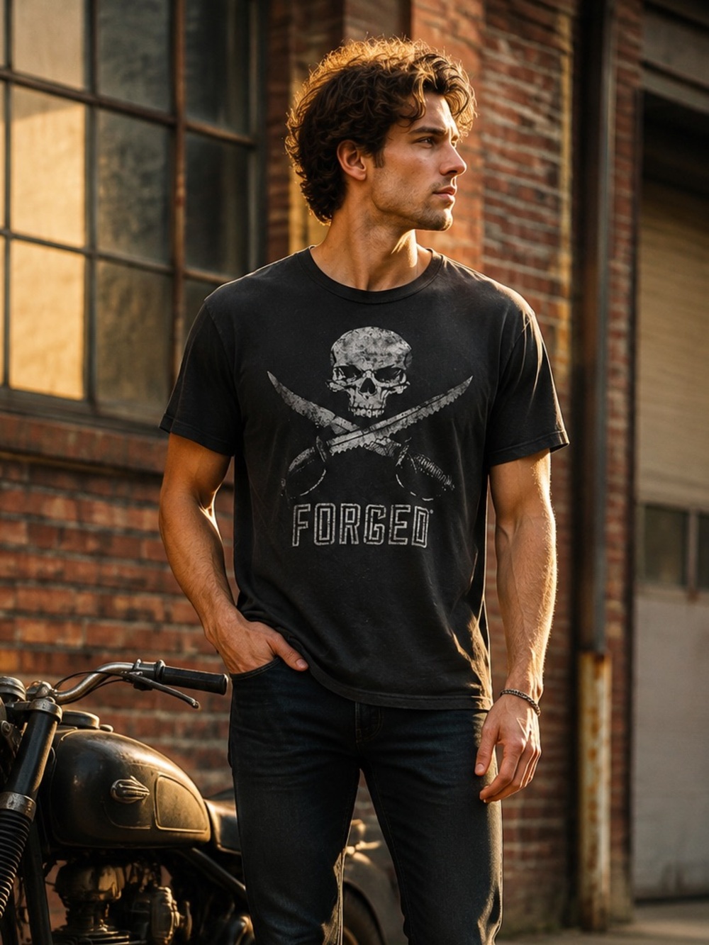 Forged Black Skull Crossed Swords Graphic T-Shirt Made in USA Size Small